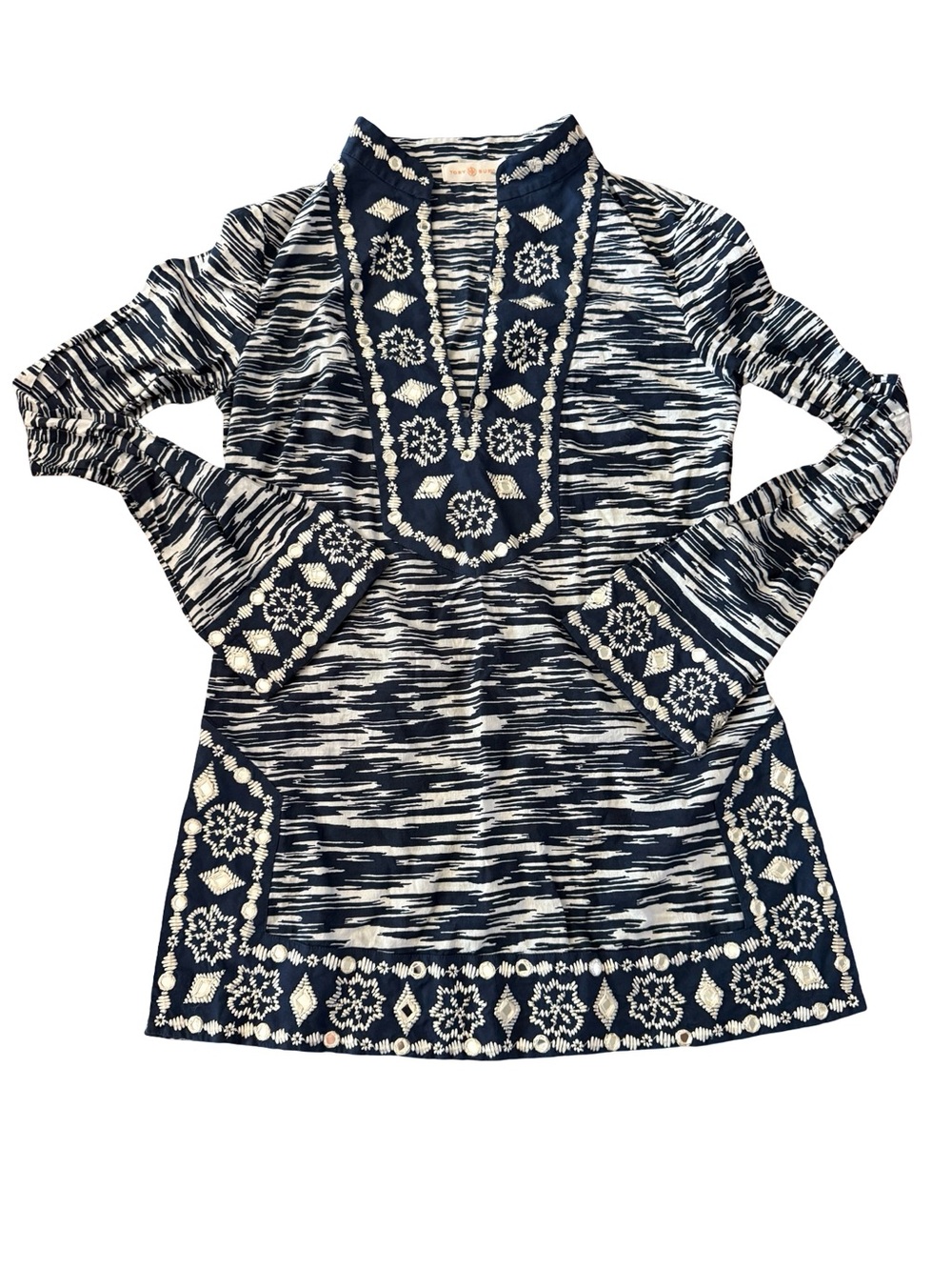 Tory Burch Navy Ikat Tunic Blouse Shisha Mirror Embellished Size 2 Space dye